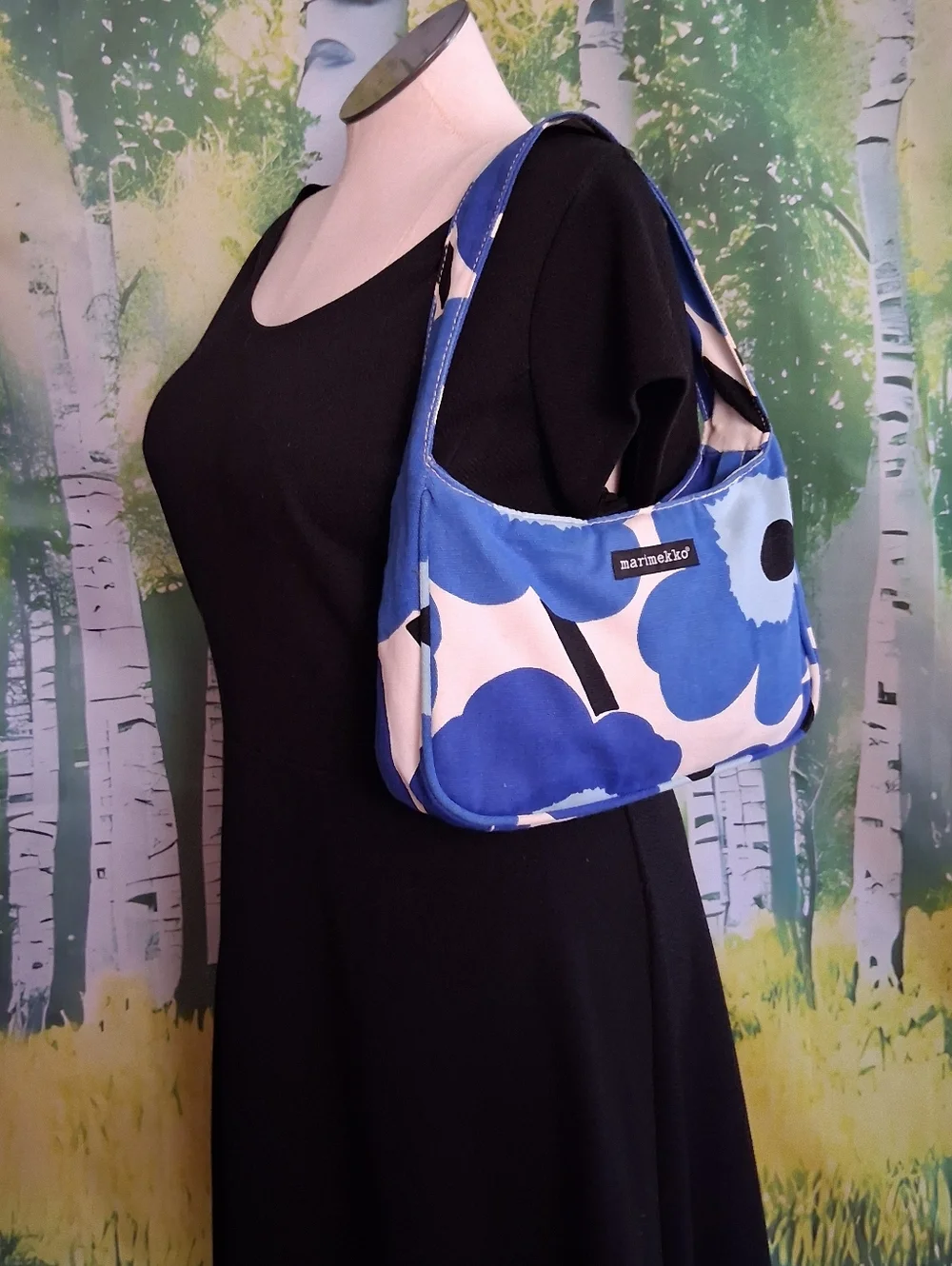Marimekko "Unikko" Blue Poppy Floral Cotton Canvas Shoulder Bag Handbag Purse - Picture 2 of 10